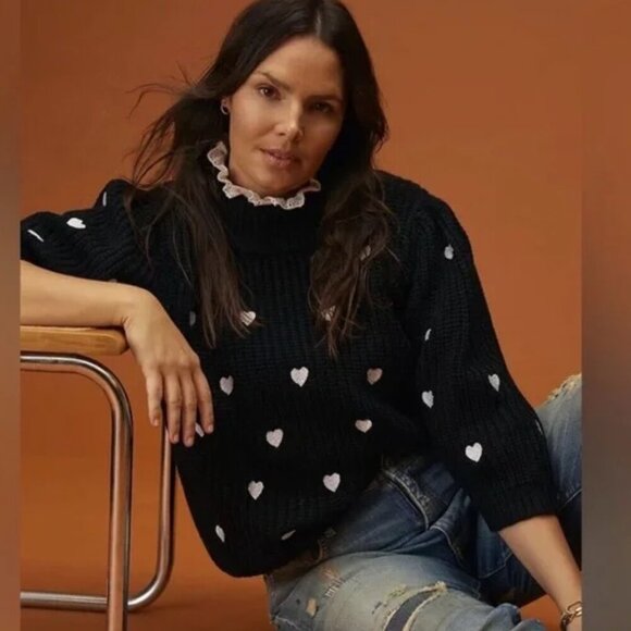 Anthropologie Sweaters - Anthropologie Hearts Mock Neck 3/4 Sleeve Knit Pullover Sweater Black Medium